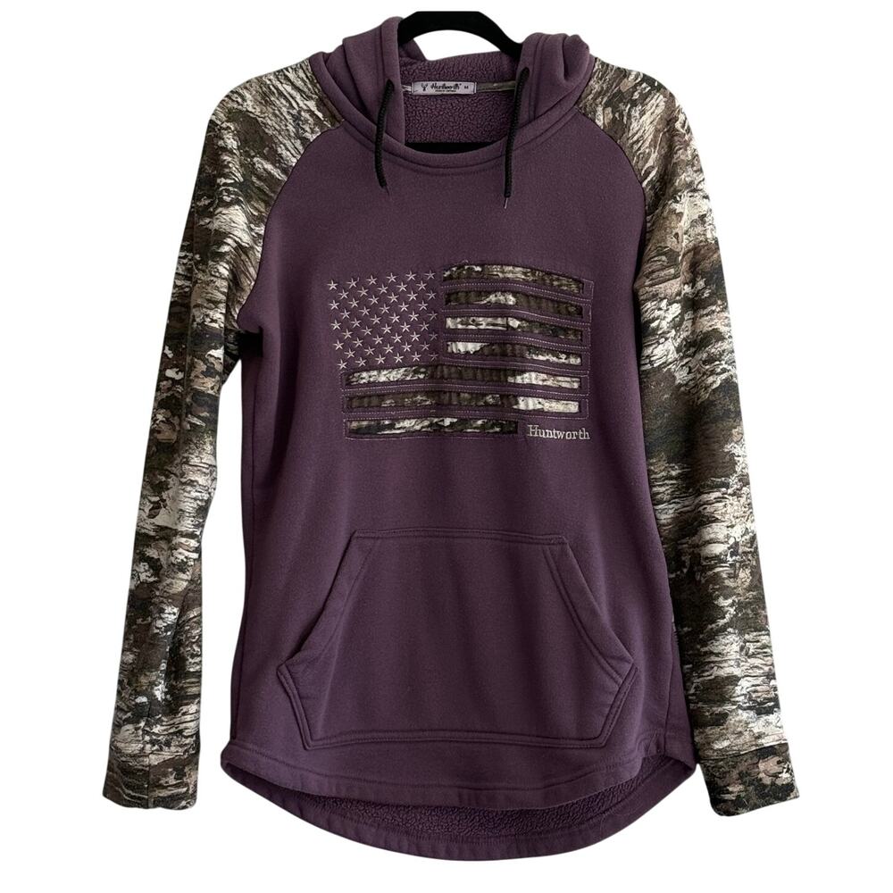 Huntworth Purple Camo American Flag Hunting Hoodie Fleece Pullover Womens M Warm